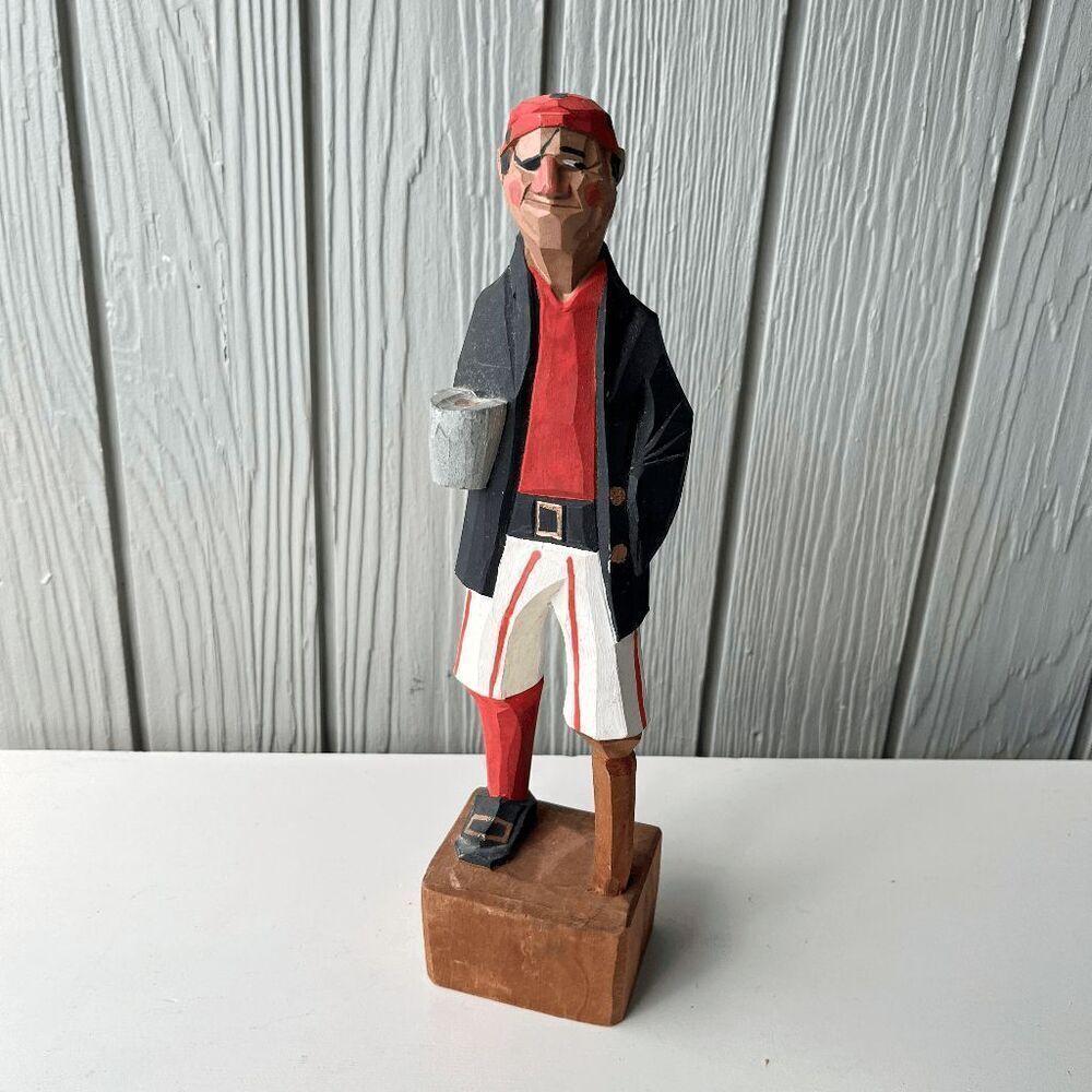 VTG Hand-Carved Wooden Pirate Figurine Folk Art Sculpture Nautical Decor 12”